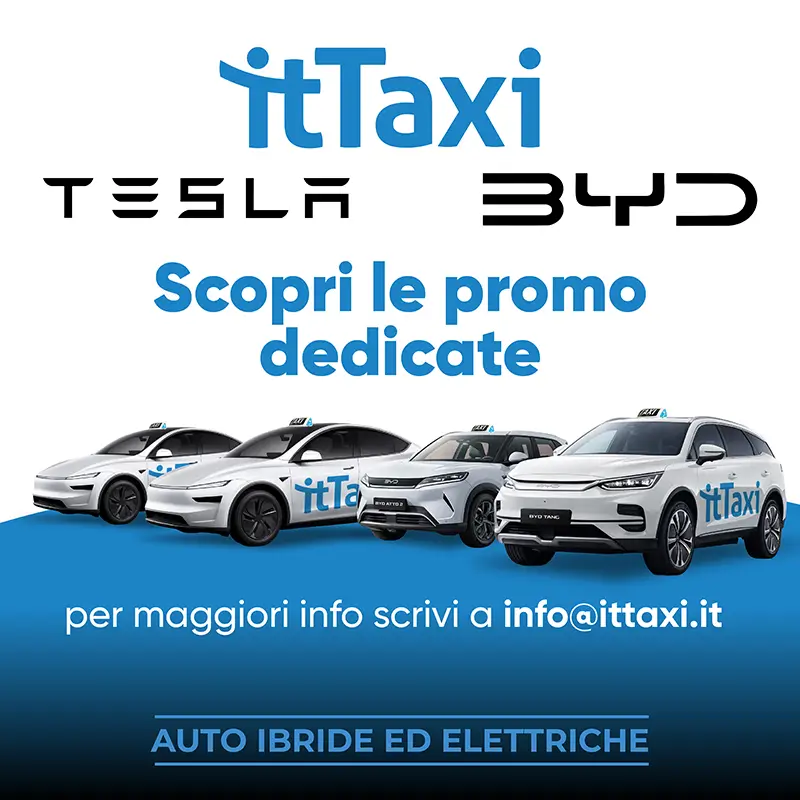 Banner promozionale itTaxi: Scopri le promo dedicate alle auto ibride ed elettriche itTaxi, partner tecnologici Tesla e BYD. Flotta di taxi elettrici bianchi.